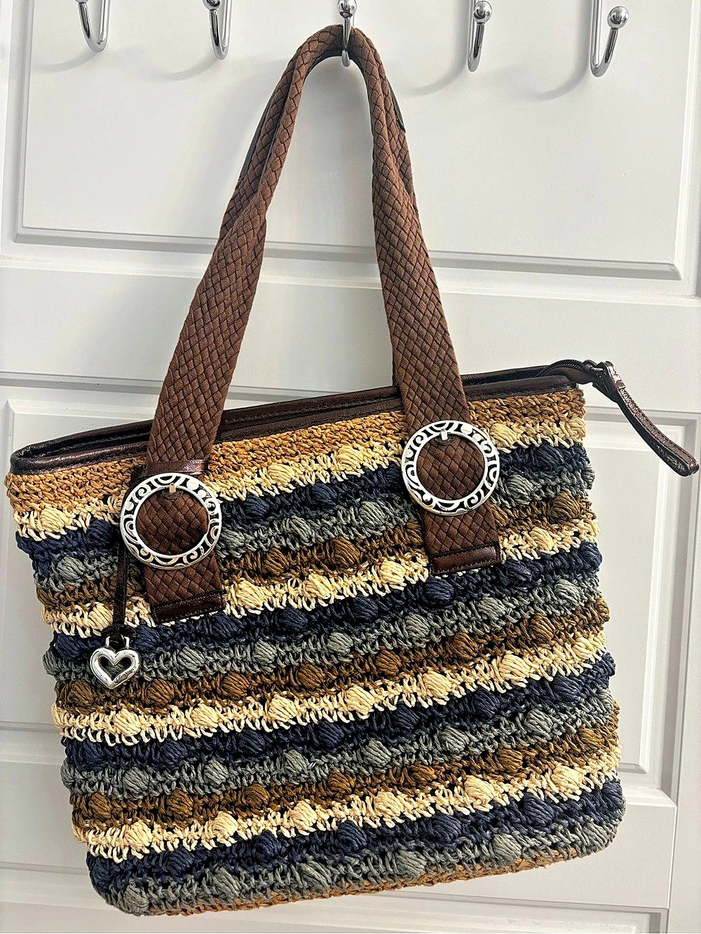 Vintage Brighton Woven Striped Tote in Blue & Brown